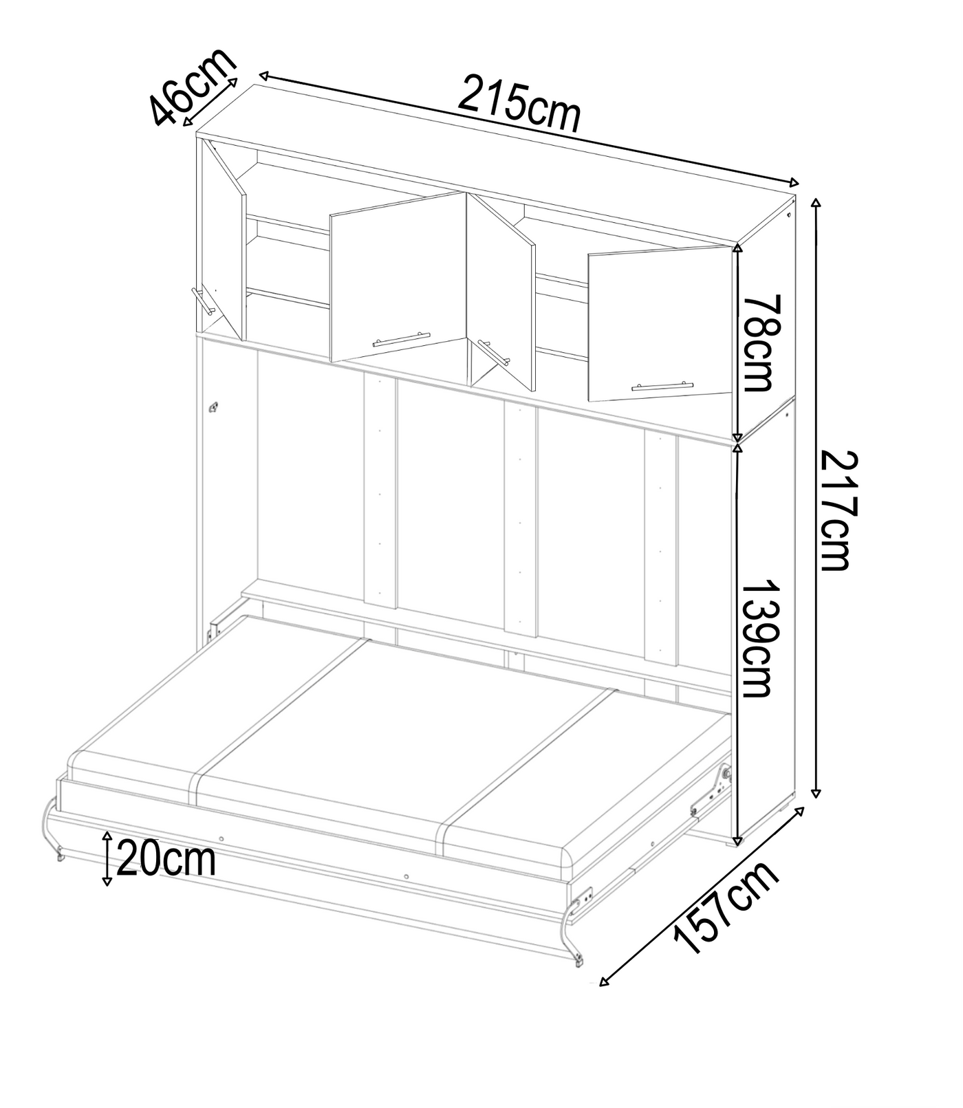 Small Double (120cm) Horizontal Wall Bed with Cabinet
