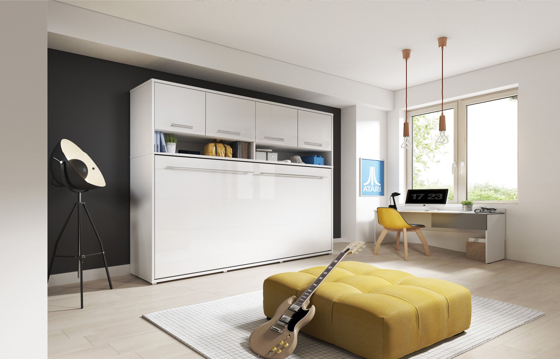 CP-05 Horizontal Wall Bed Concept 120cm with Over Bed Unit White Matt Wall Bed with Storage Unit 