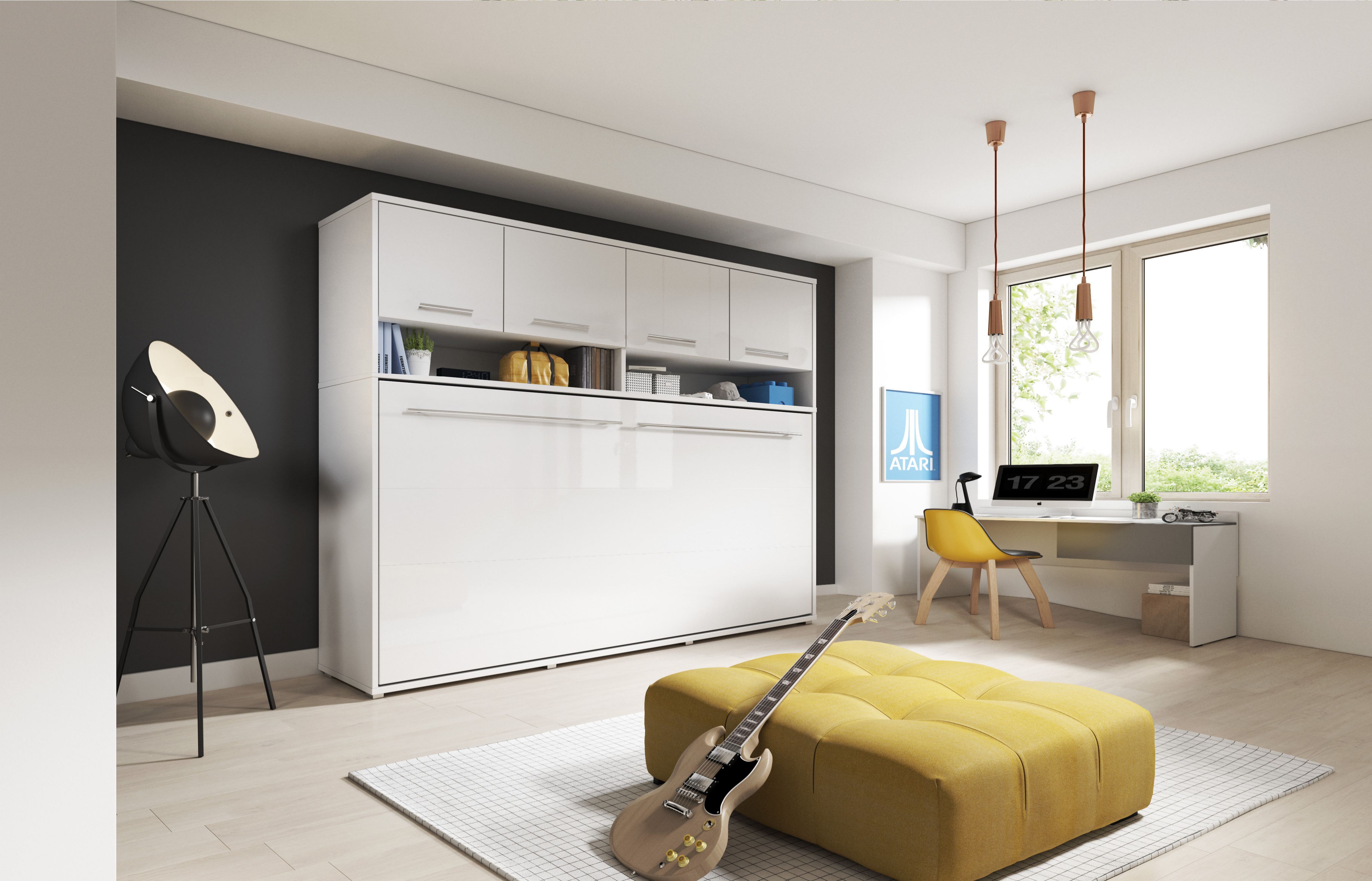 CP-05 Horizontal Wall Bed Concept 120cm with Over Bed Unit Grey Matt Wall Bed with Storage Unit 