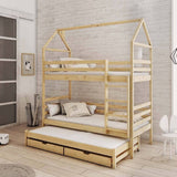 Single (3ft) Tall Wooden Bunk Bed with Trundle & Storage Drawers Pine Foam Mattresses