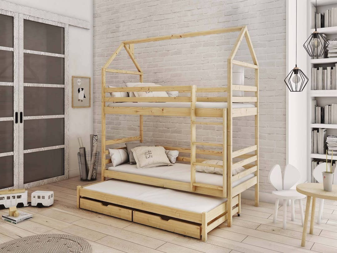 Single (3ft) Tall Wooden Bunk Bed with Trundle & Storage Drawers Pine Foam Mattresses
