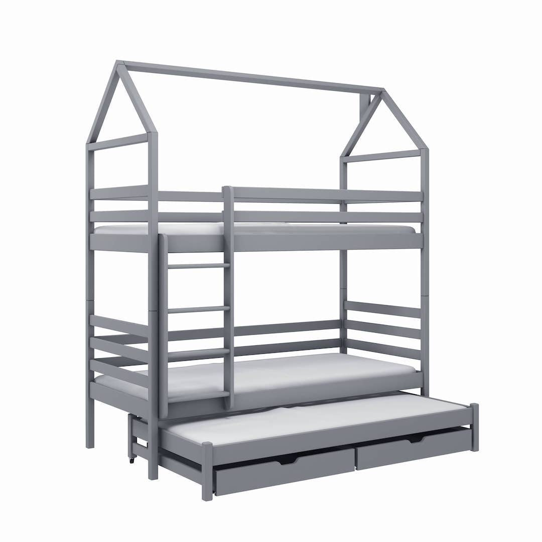Single (3ft) Tall Wooden Bunk Bed with Trundle & Storage Drawers Grey