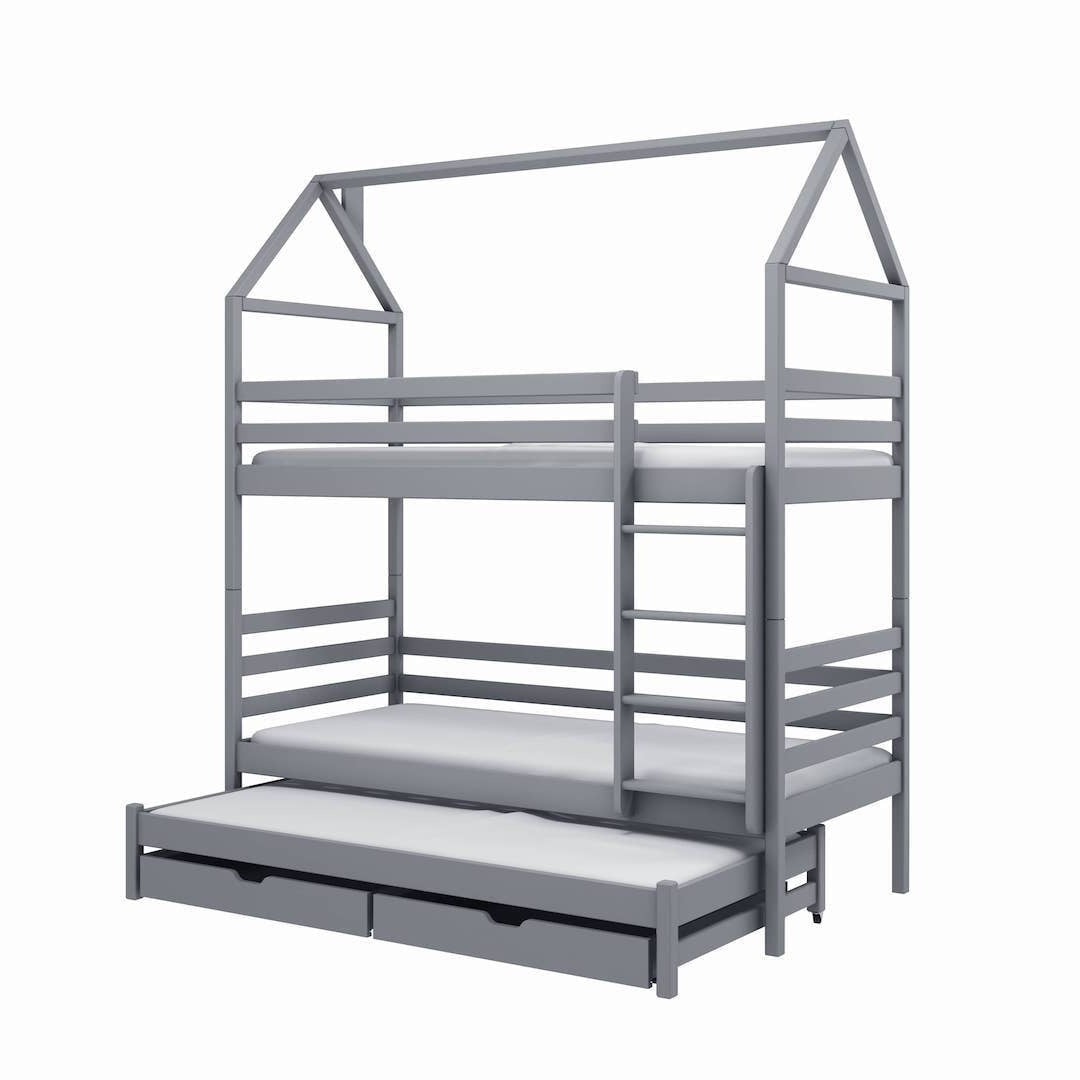 Single (3ft) Tall Wooden Bunk Bed with Trundle & Storage Drawers Grey Foam Mattresses