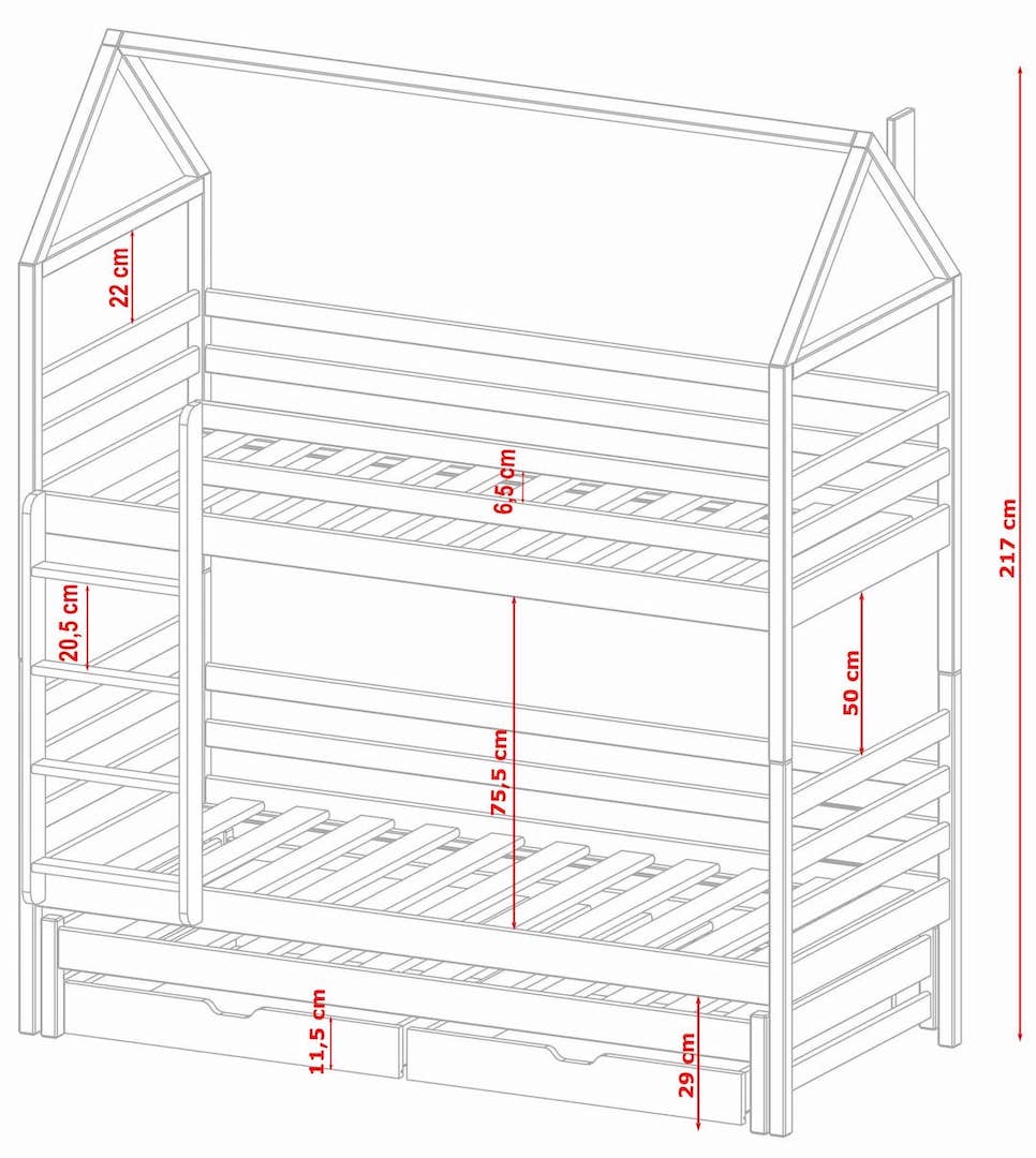Single (3ft) Tall Wooden Bunk Bed with Trundle & Storage Drawers