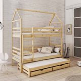Single (3ft) Tall Wooden Bunk Bed with Trundle & Storage Drawers Pine
