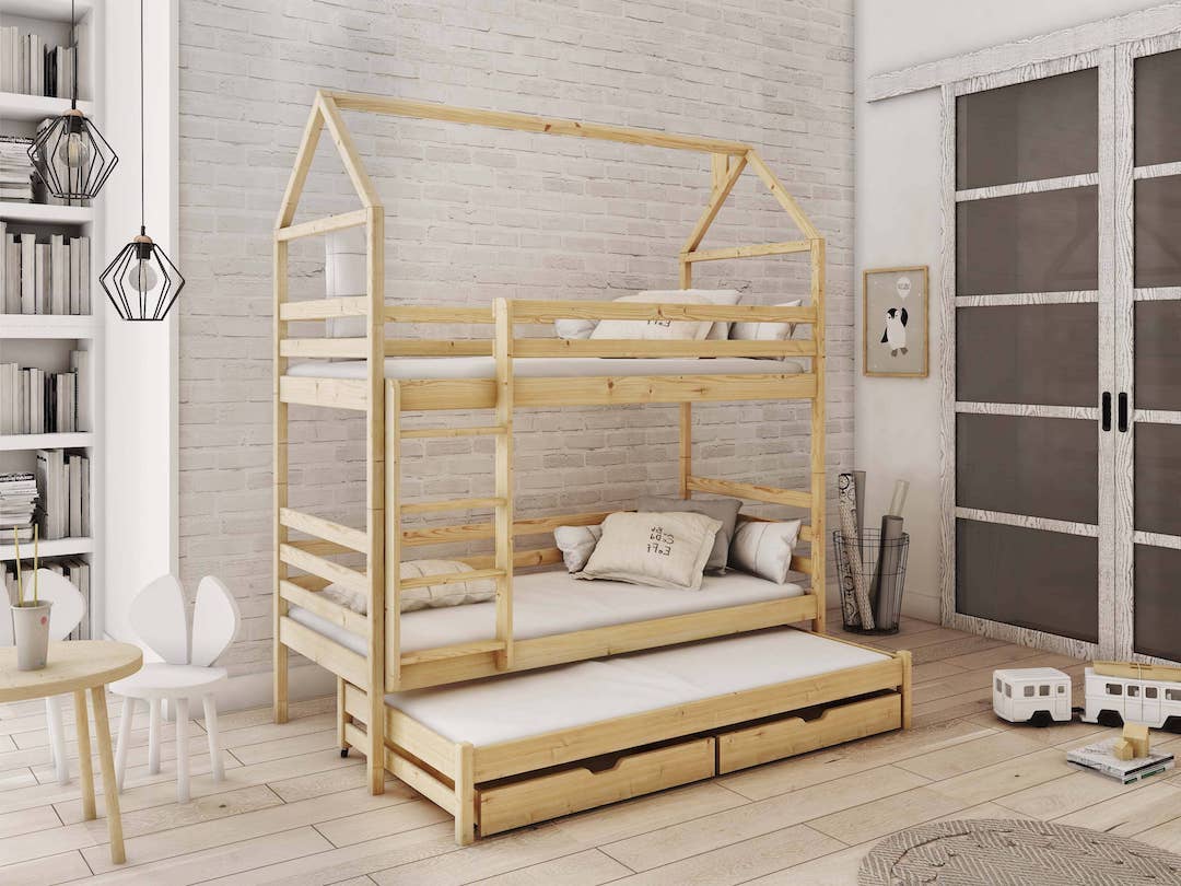 Dalia Bunk Bed with Trundle and Storage Pine Bunk Bed 