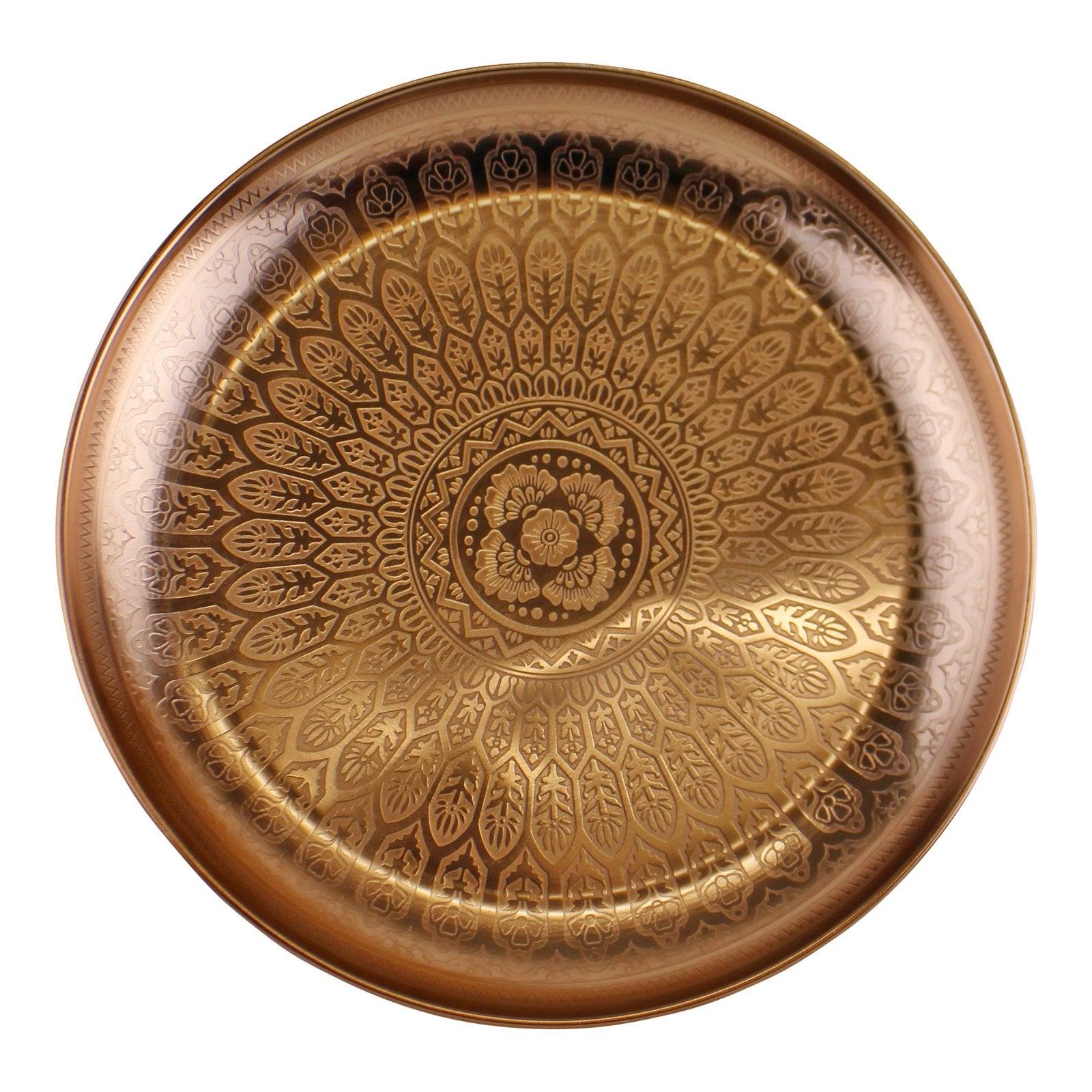 Decorative Copper Metal Tray With Etched Design-Bowls & Plates