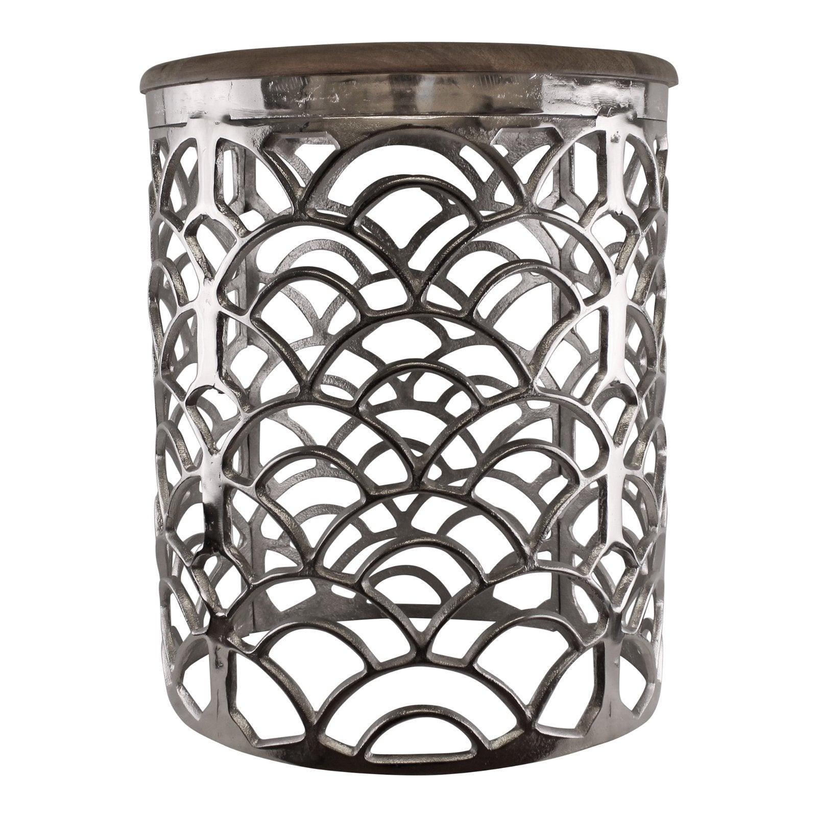 Decorative Silver Metal Side Table With A Wooden Top-Side Tables