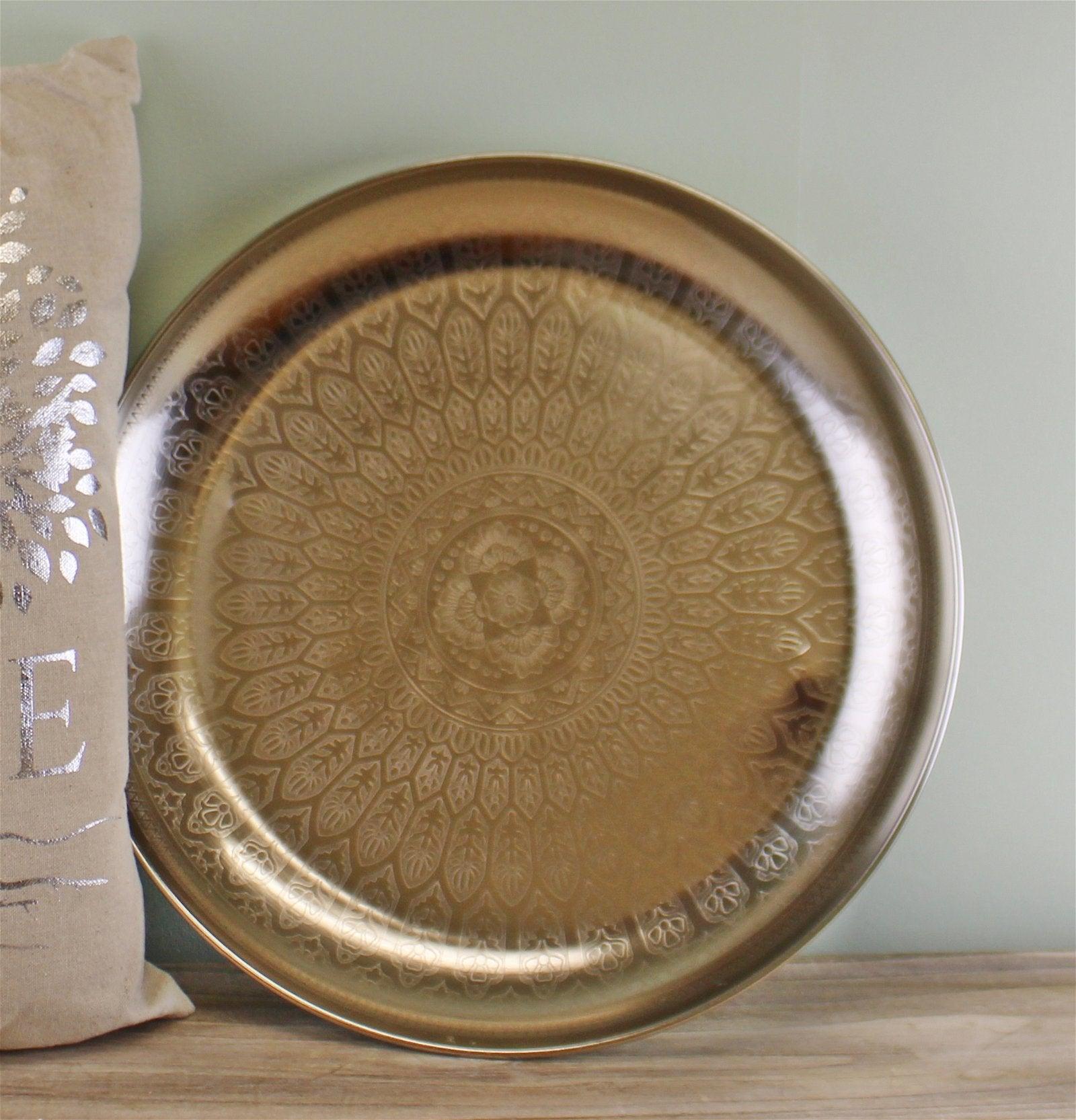 Decorative Silver Metal Tray With Etched Design-Bowls & Plates