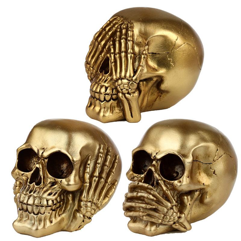 Fantasy See No Hear No Speak No Evil Set of 3 Gold Punk Skull Ornaments - £24.49 - 