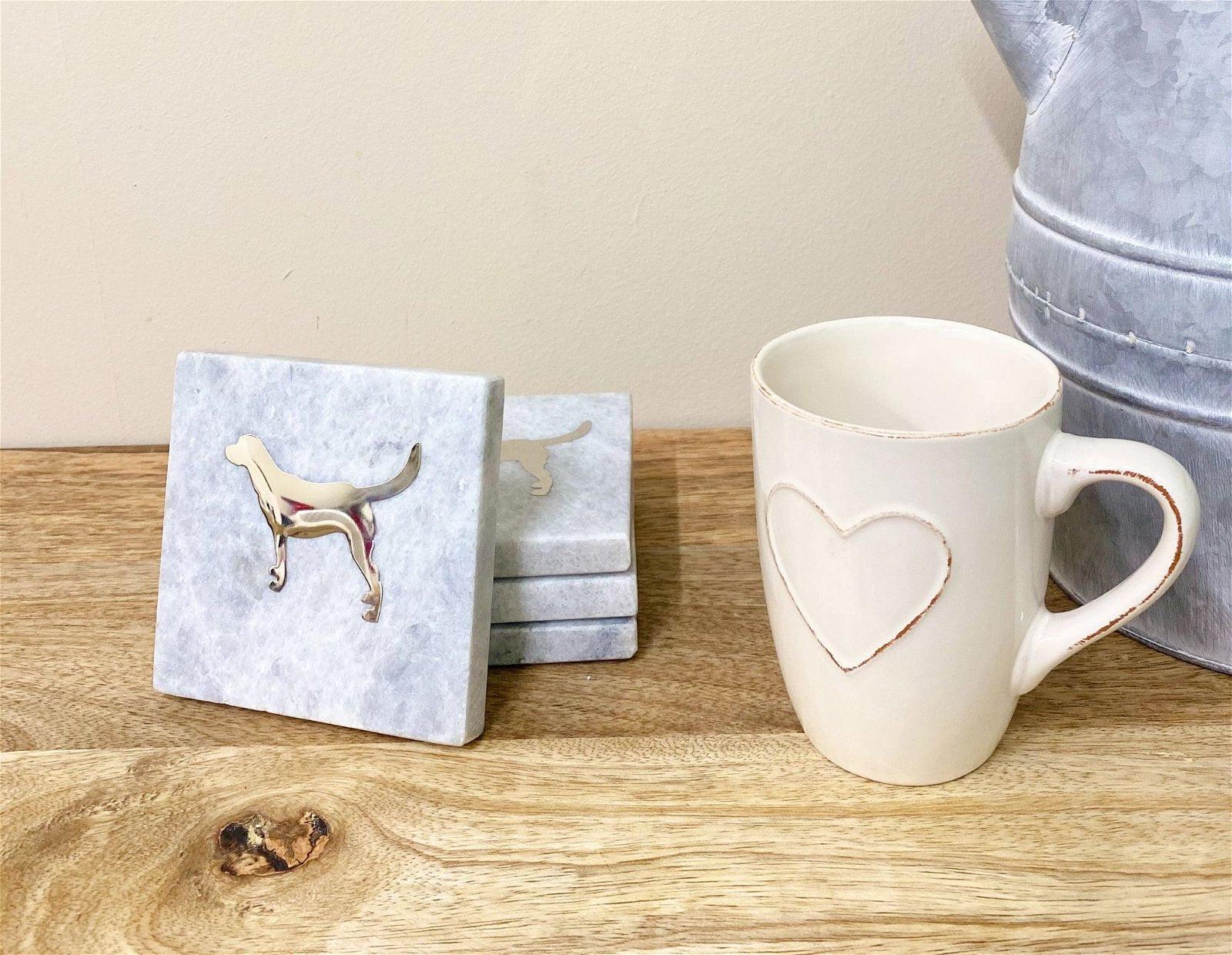 Four Square White Marble Coasters With Gold Dog Design-Coasters & Placemats
