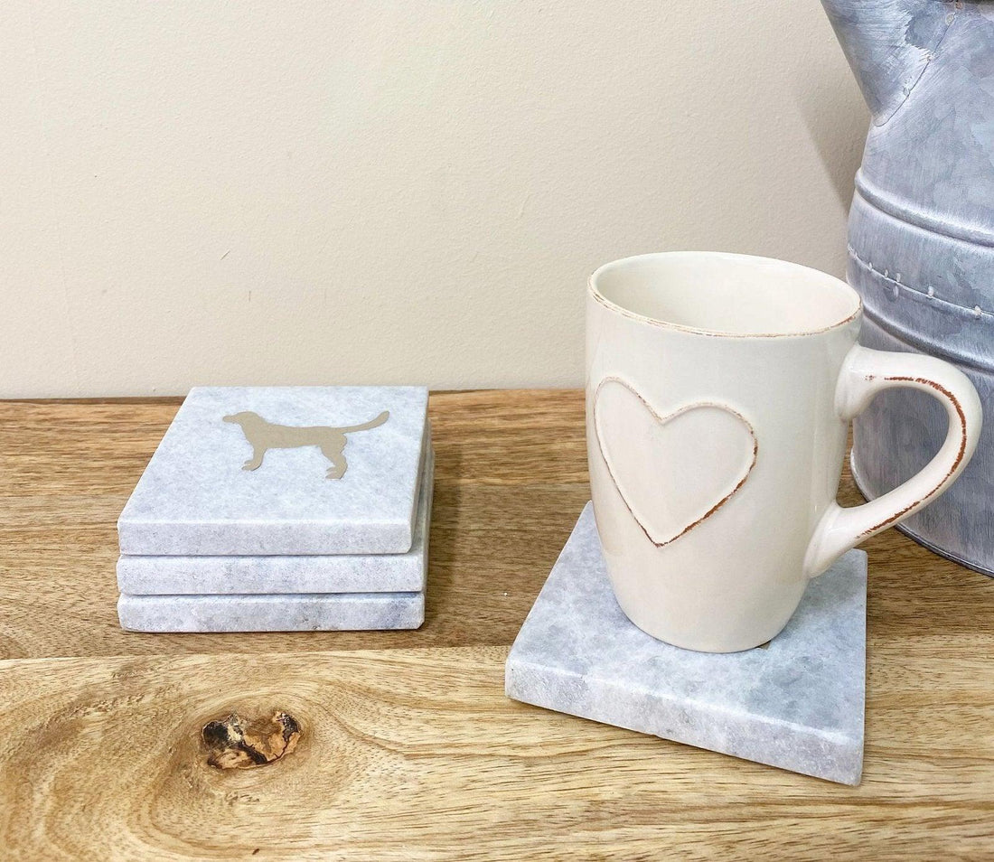 Four Square White Marble Coasters With Gold Dog Design - £26.99 - Coasters & Placemats 