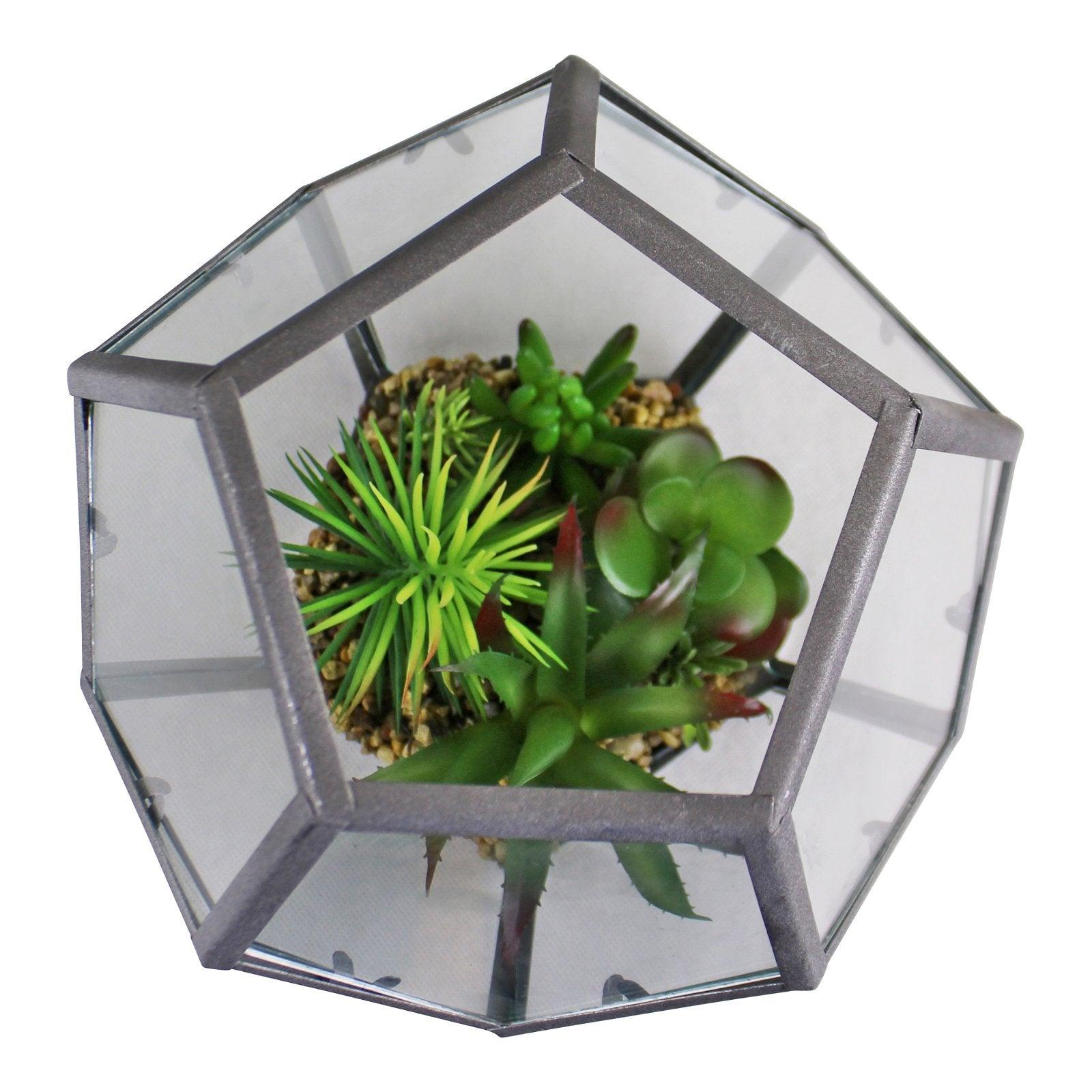 Glass & Metal Hexagonal Terrarium With Faux Succulents-Small Succulents & Faux Bonsai