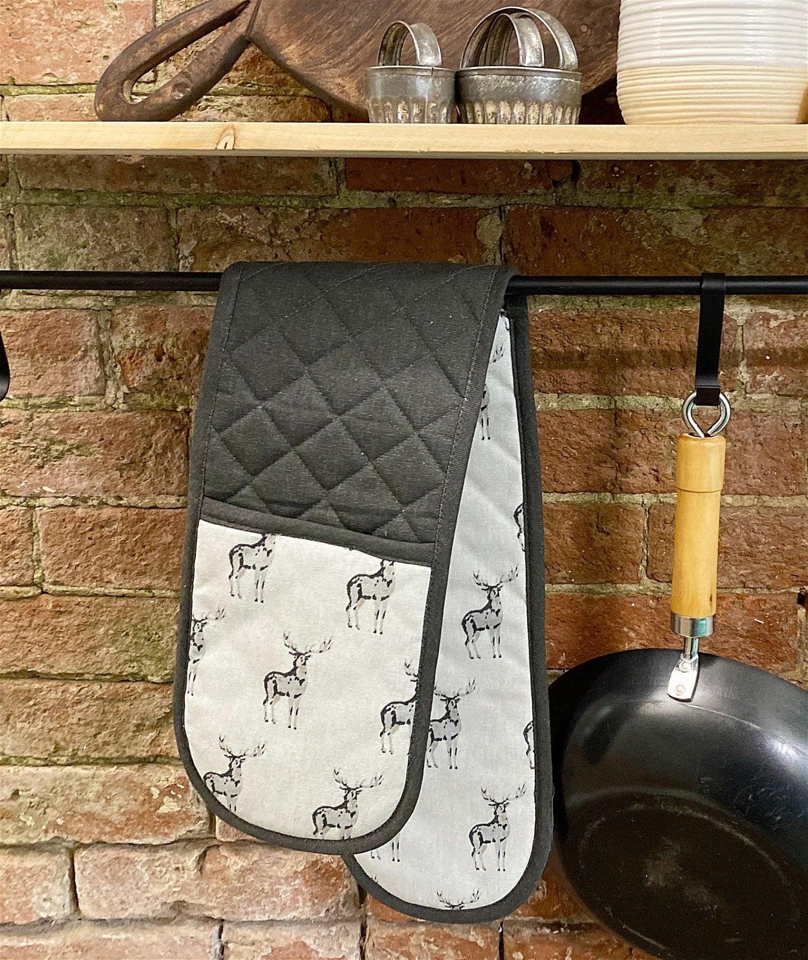 Grey Double Oven Glove With A Stag Print Design-Decorative Kitchen Items