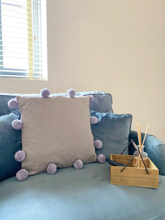 Grey Square Pompom Cushion-Throw Pillows