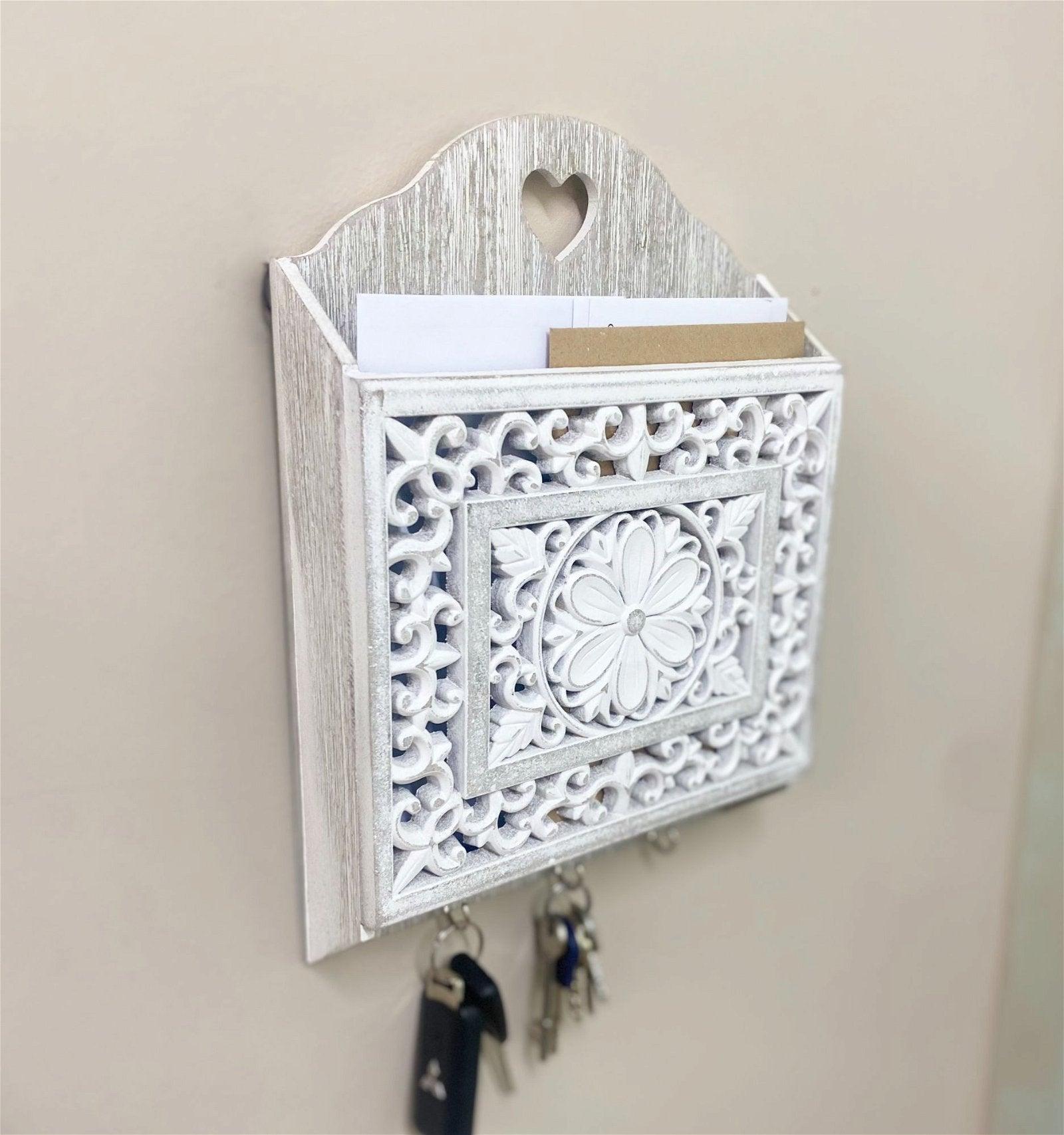 Grey Wooden 3 Hook Key Holder With Cutout Pattern Shelf-Decorative Kitchen Items