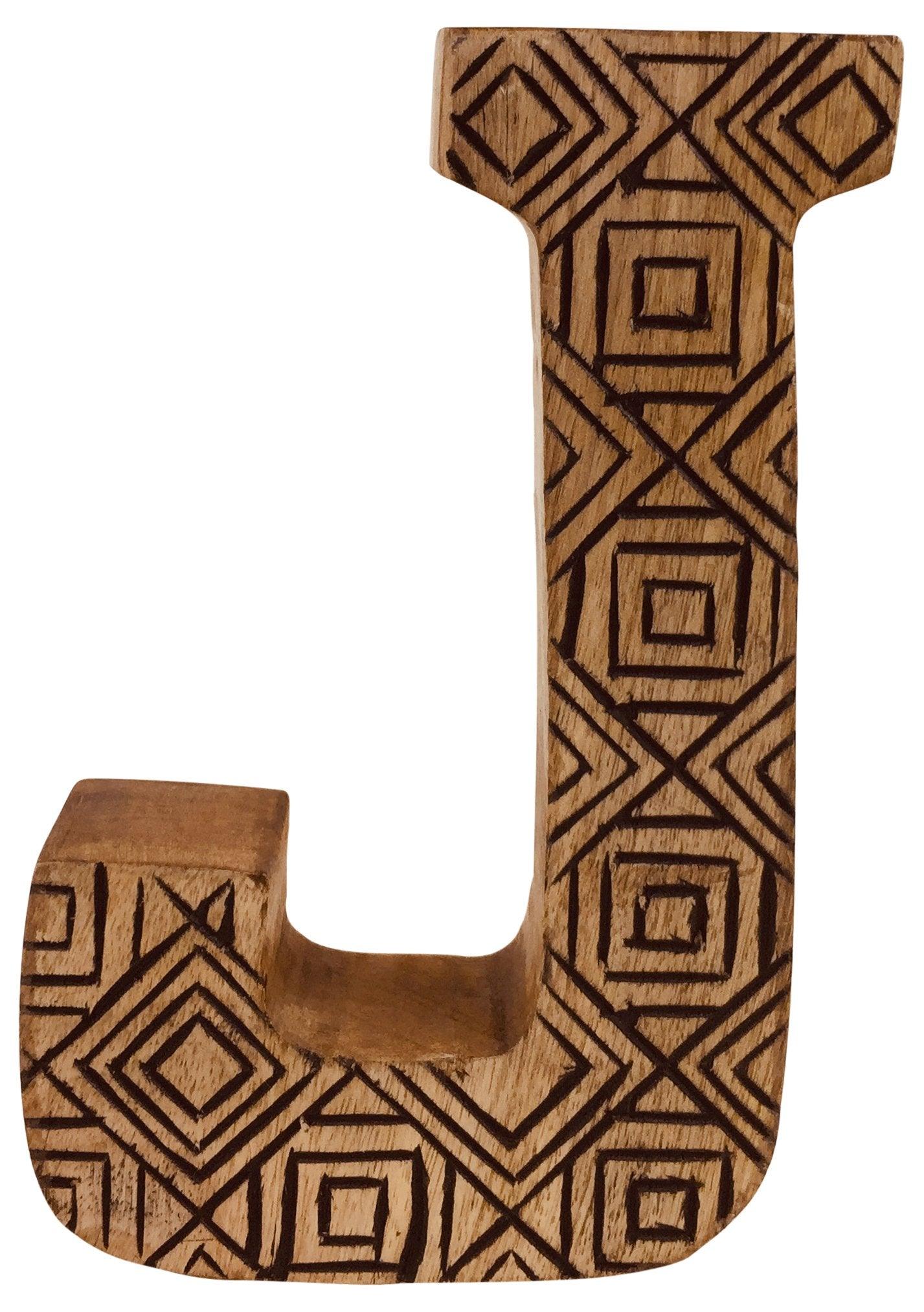 Hand Carved Wooden Geometric Letter J-Single Letters