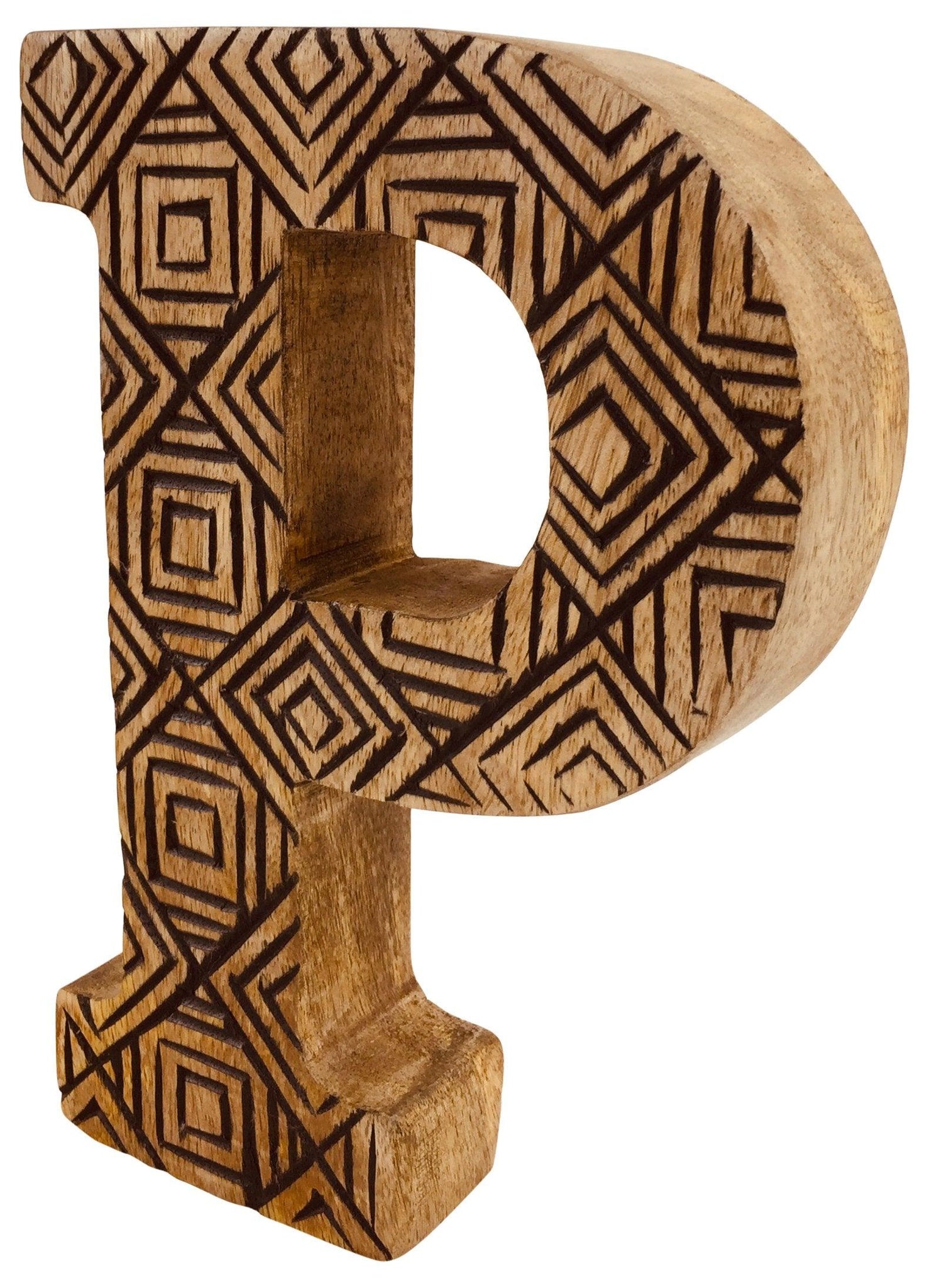 Hand Carved Wooden Geometric Letter P - £12.99 - Single Letters 