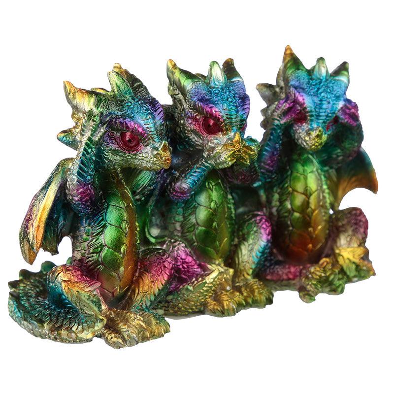 Hear No See No Speak No Metallic Rainbow Dragon Figurine-