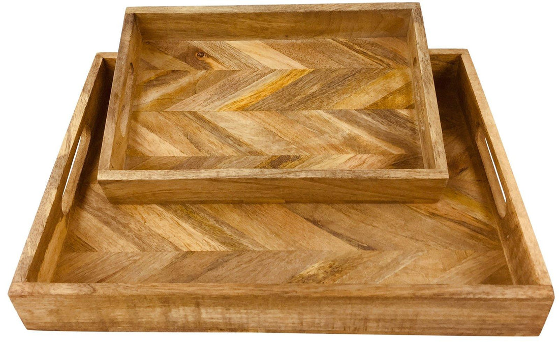 Herringbone Square Wood Rustic Trays Set of 2 - £49.99 - Trays & Chopping Boards 