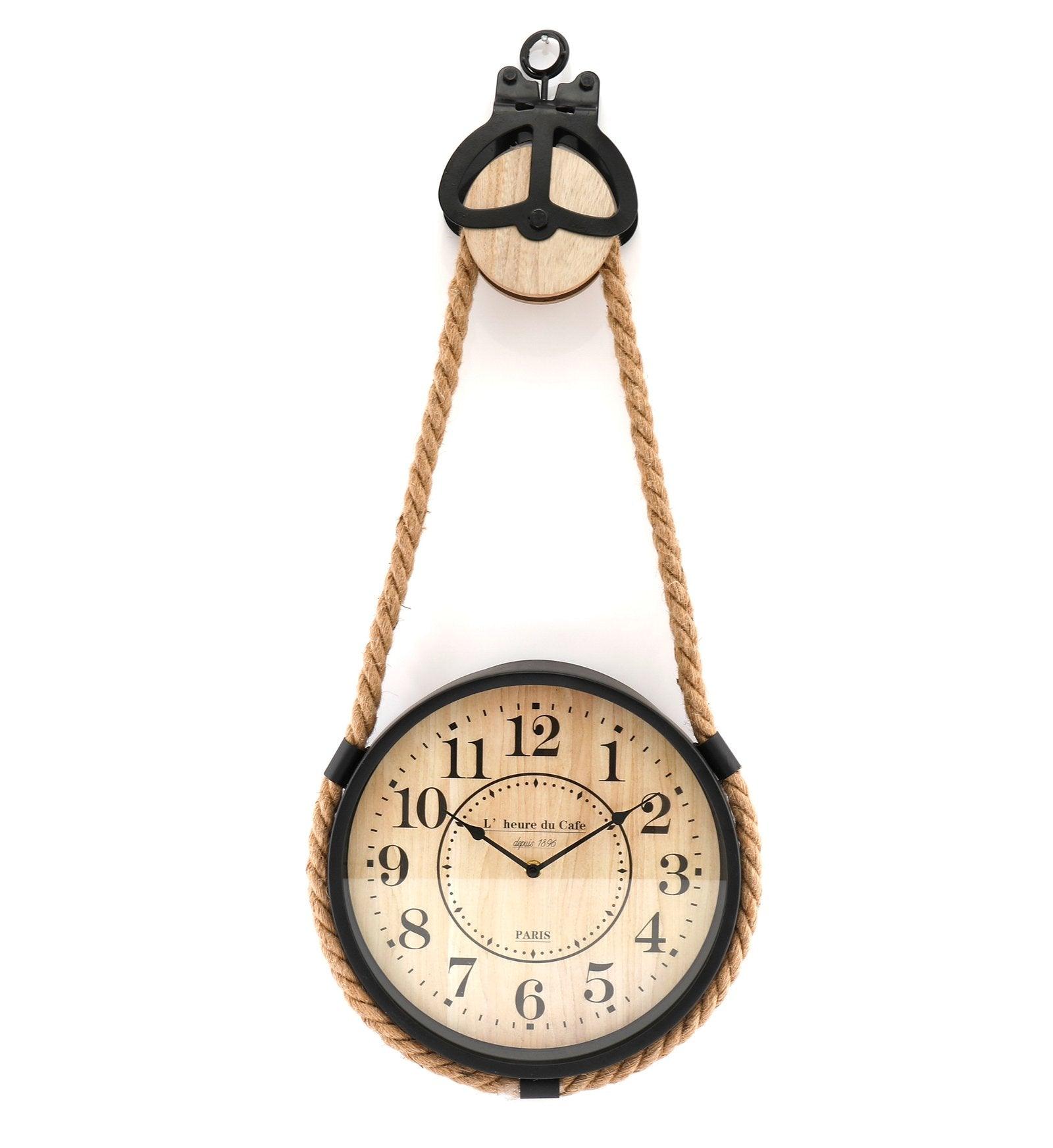 Industrial Hanging Rope Round Black Metal Clock-Wall Hanging Clocks