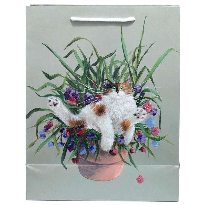 Kim Haskins Floral Cat in Plant Pot Green Gift Bag - Large-