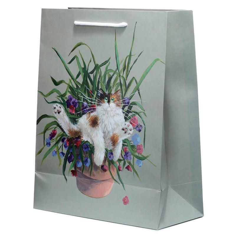 Kim Haskins Floral Cat in Plant Pot Green Gift Bag - Large-