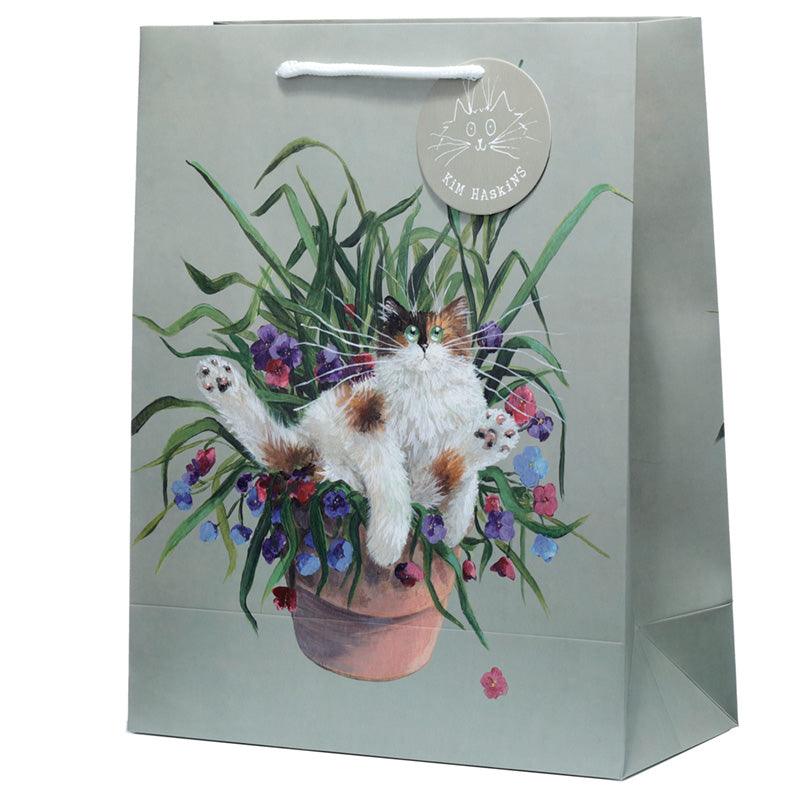Kim Haskins Floral Cat in Plant Pot Green Gift Bag - Large - £5.0 - 