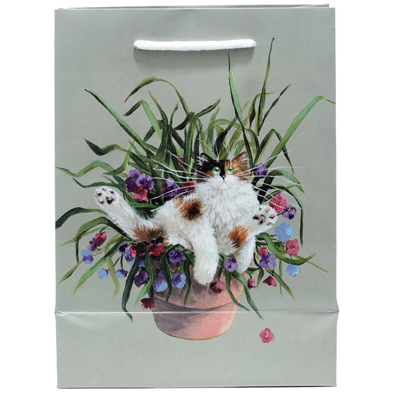 Kim Haskins Floral Cat in Plant Pot Green Gift Bag - Medium - £5.0 - 