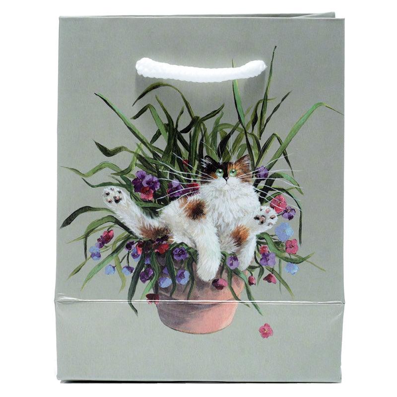 Kim Haskins Floral Cat in Plant Pot Green Gift Bag - Small - £5.0 - 