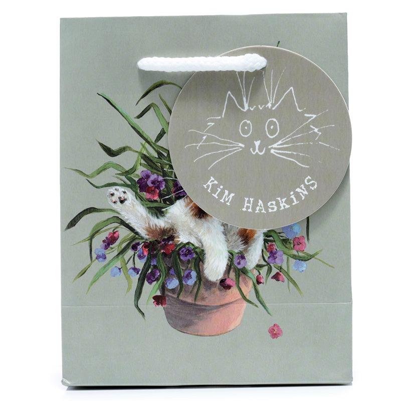 Kim Haskins Floral Cat in Plant Pot Green Gift Bag - Small-