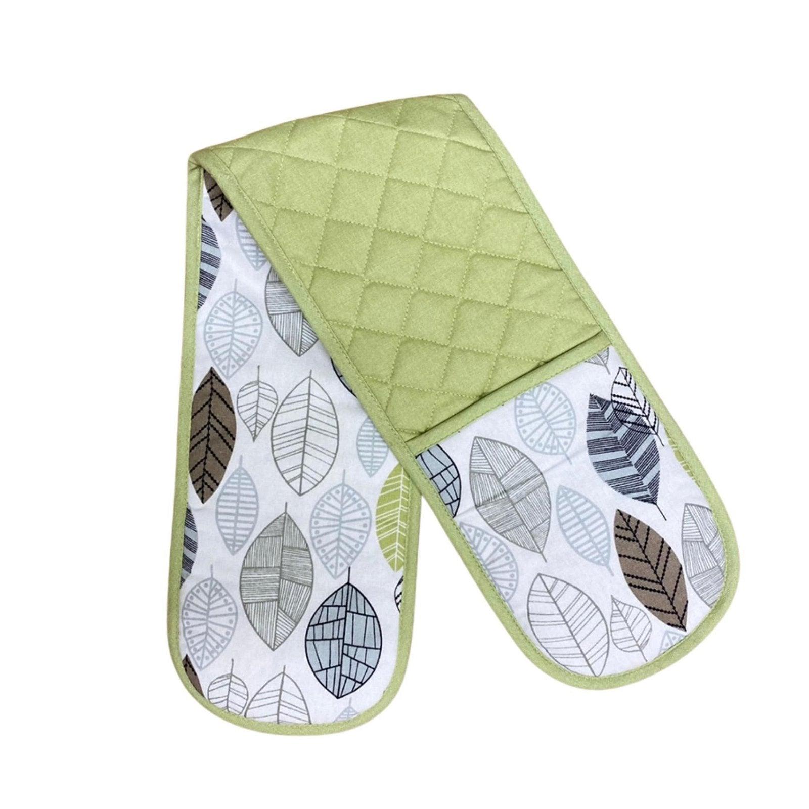 Kitchen Double Oven Glove With Contemporary Green Leaf Print Design-Decorative Kitchen Items