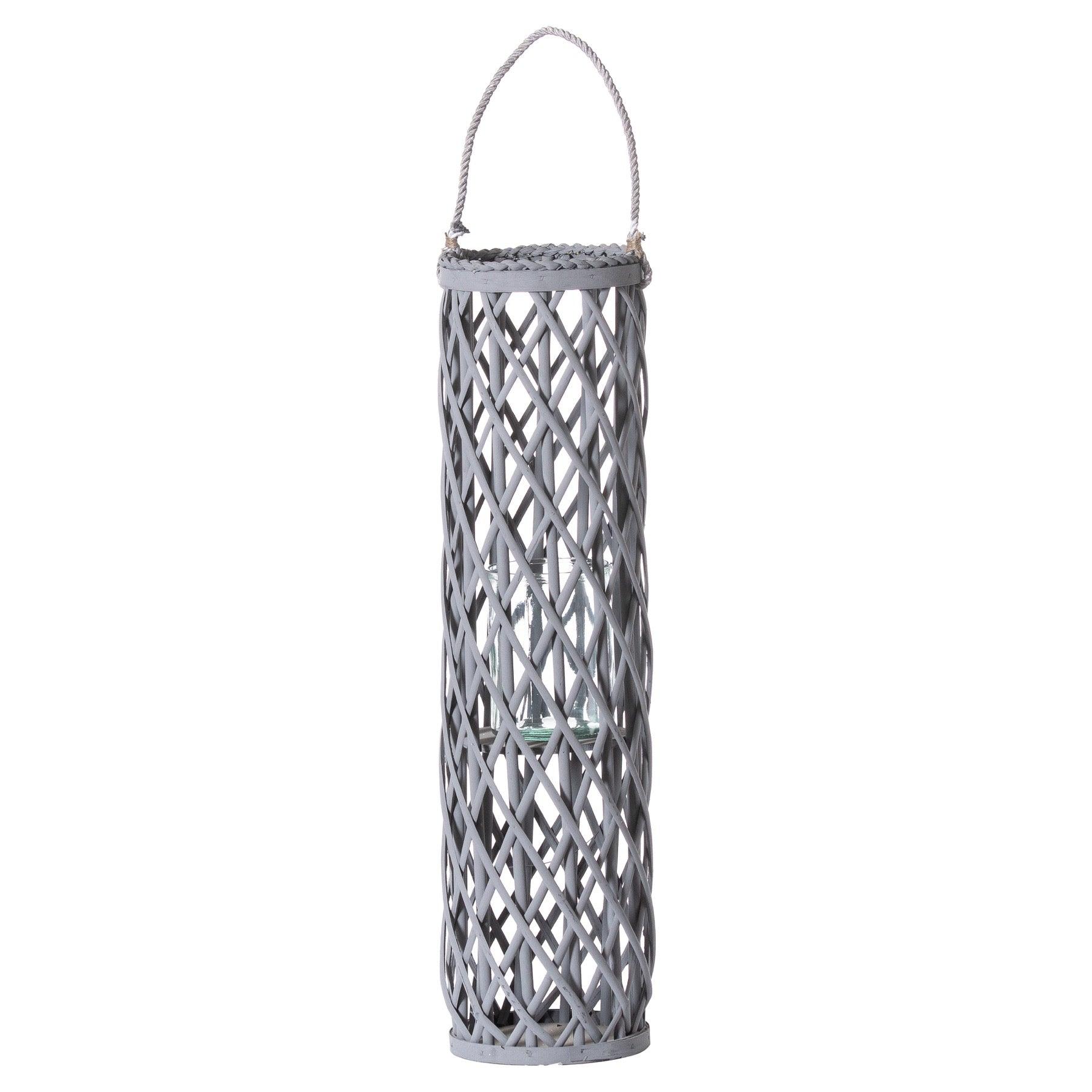Large Grey Wicker Lantern With Glass Hurricane - £64.95 - Lighting > Lanterns 