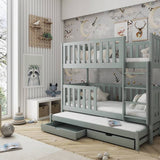 Single (3ft) Wooden Bunk Bed with Trundle & Under Bed Storage Drawers Grey Foam Mattresses