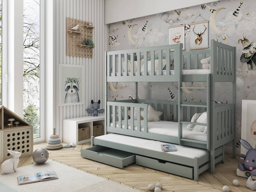 Single (3ft) Wooden Bunk Bed with Trundle & Under Bed Storage Drawers Grey Foam Mattresses