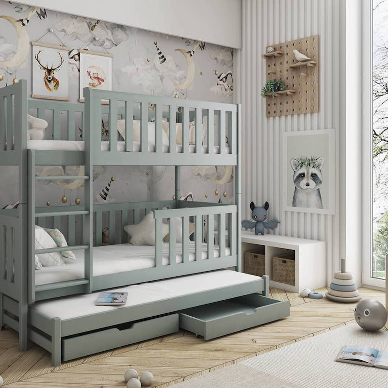 Lea Single (3ft) Wooden Bunk Bed with Trundle & Under Bed Storage Drawers