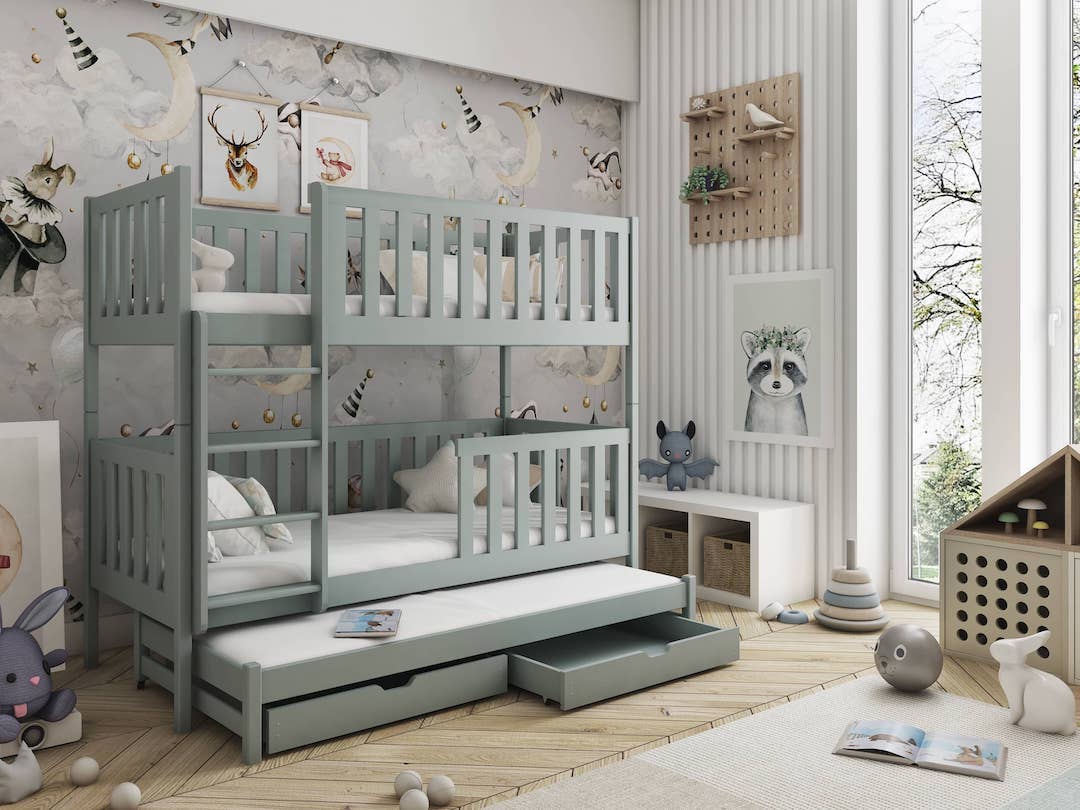 Lea Bunk Bed with Trundle and Storage Grey Bunk Bed 