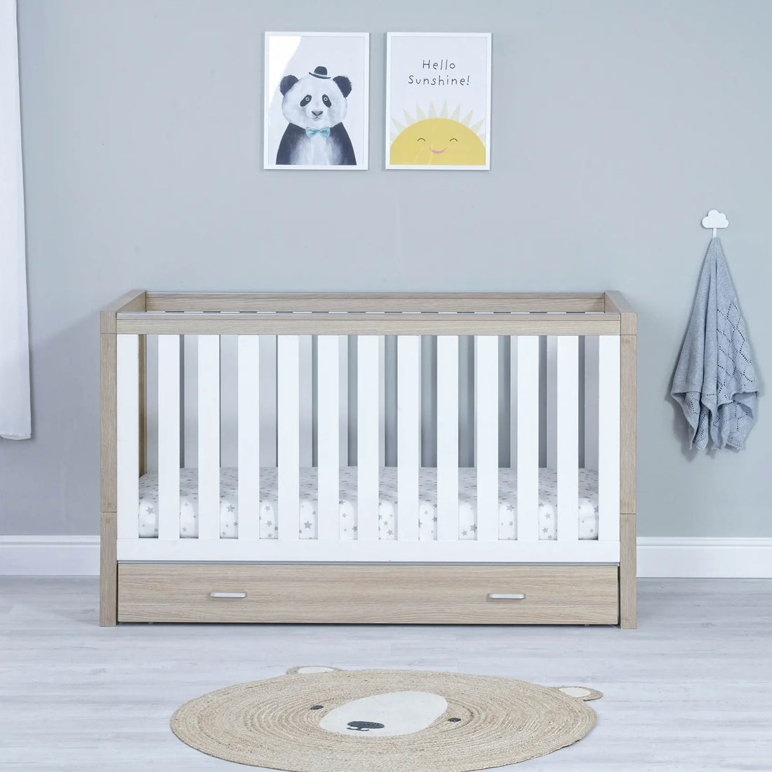 Babymore Luno Cot Bed with Drawer - White Oak - Babymore