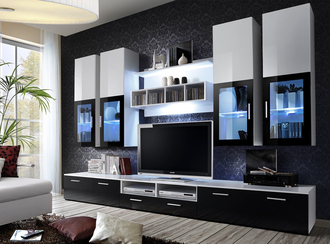 Lyra Entertainment Unit in 4 Colours Black Gloss and White Gloss Wall Unit 
