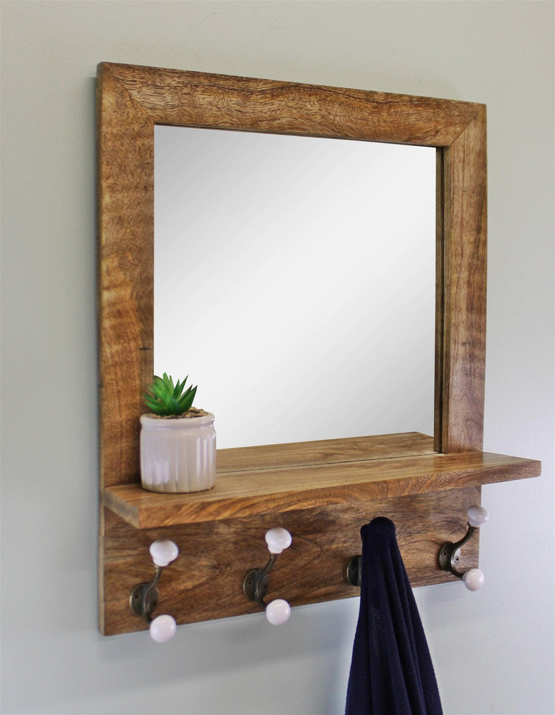 Mango Wood Shelf Unit With Mirror & 4 Double Coat Hooks - £133.99 - Wall Hanging Shelving 