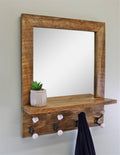 Mango Wood Shelf Unit With Mirror & 4 Double Coat Hooks-Wall Hanging Shelving