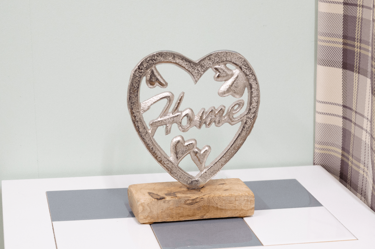 Metal Silver Heart Home On A Wooden Base Large-Ornaments