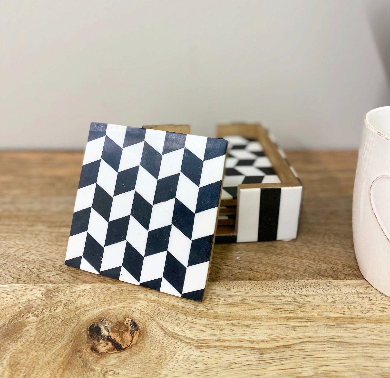 Pack of 4 Black & White Herringbone Wooden Coasters-Coasters & Placemats
