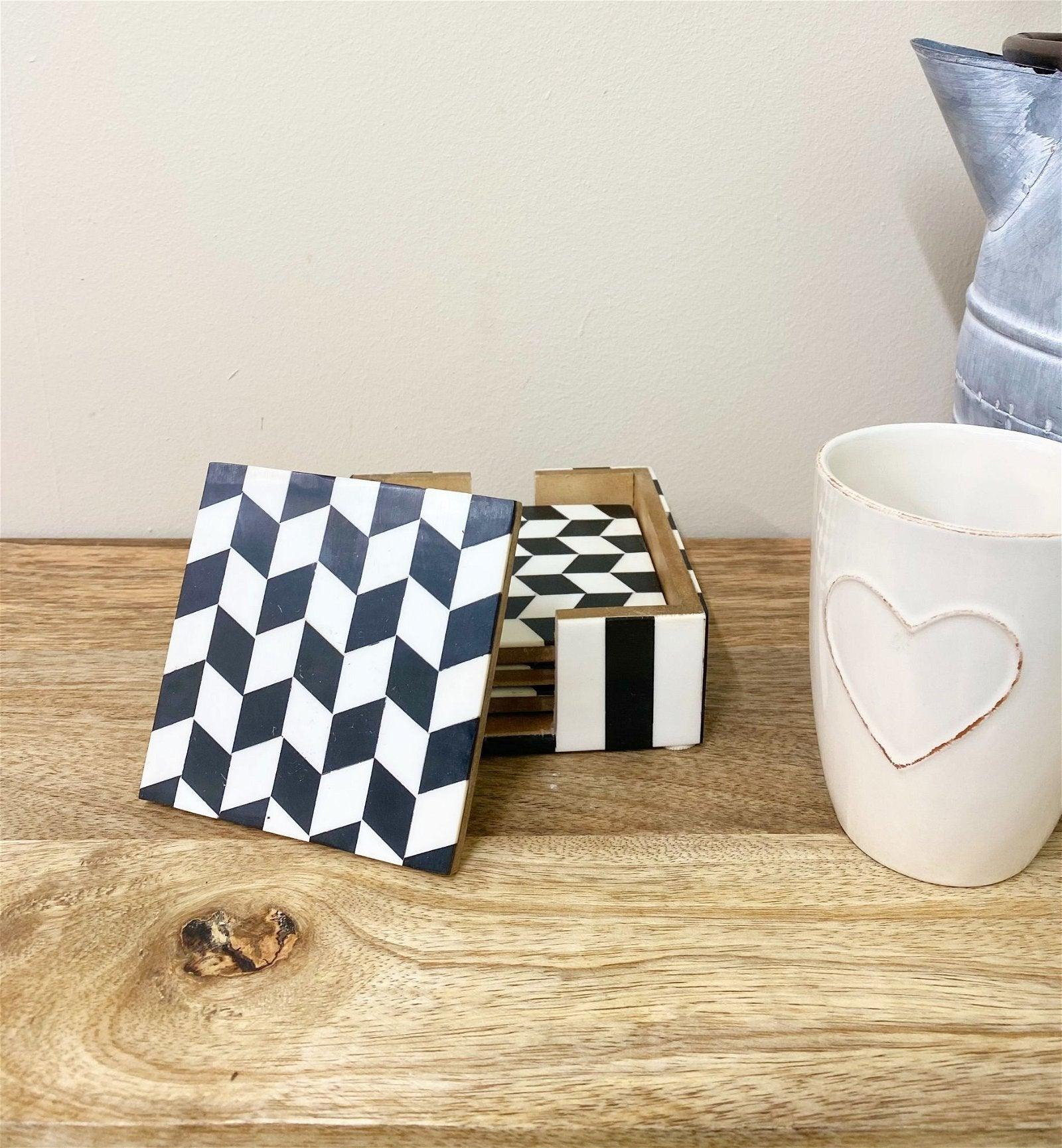 Pack of 4 Black & White Herringbone Wooden Coasters - £20.99 - Coasters & Placemats 