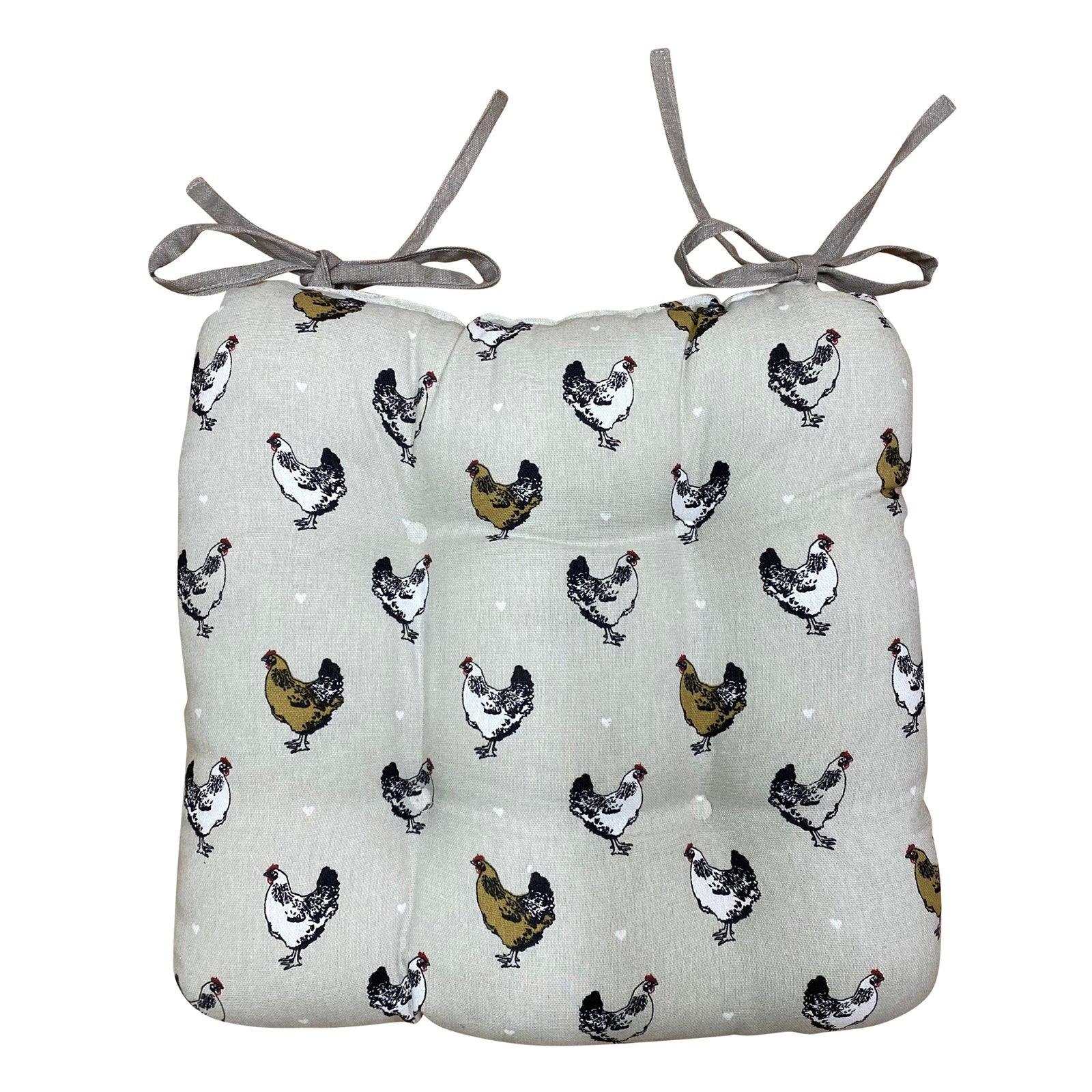 Padded Seat Pad With Ties With A Chicken Print Design-Throw Pillows