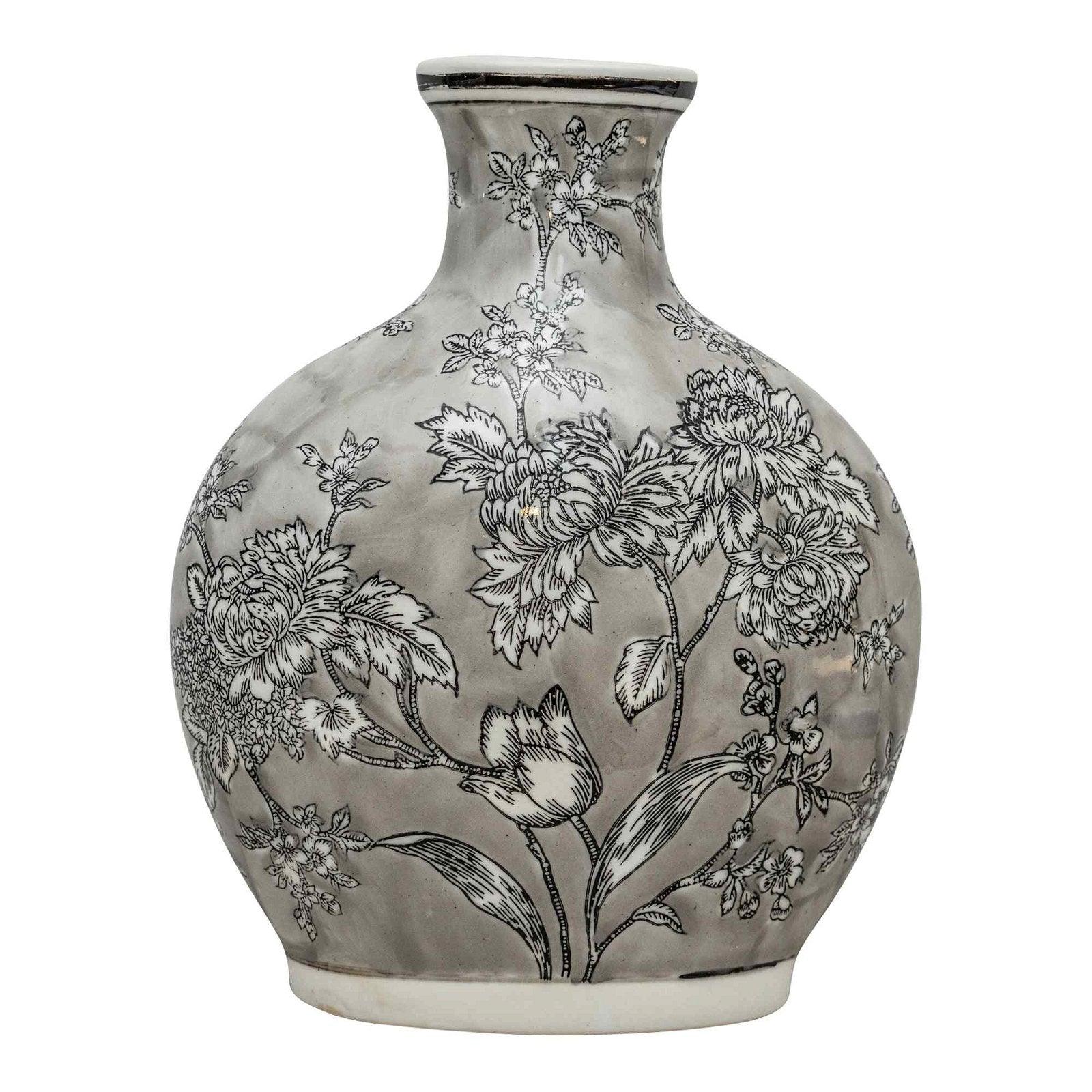 Peony Grey & White Bottle Vase-Vases