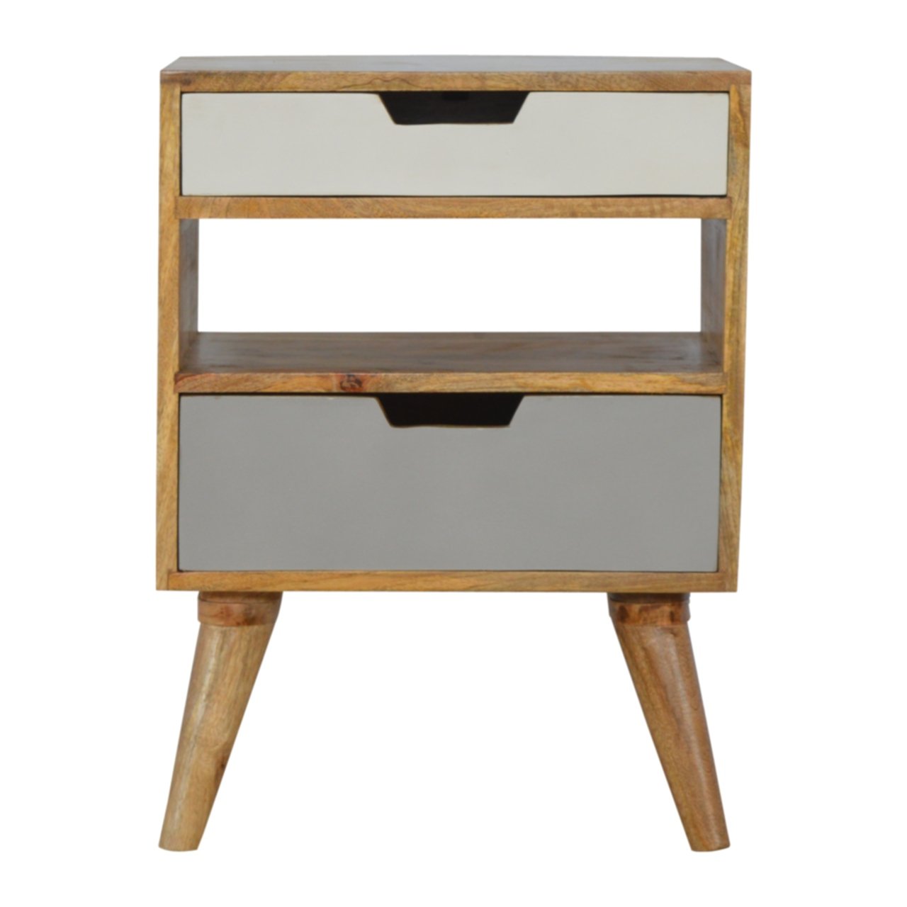 Grey and White Cut-out Bedside Table | Oak-Ish Solid Mango Wood