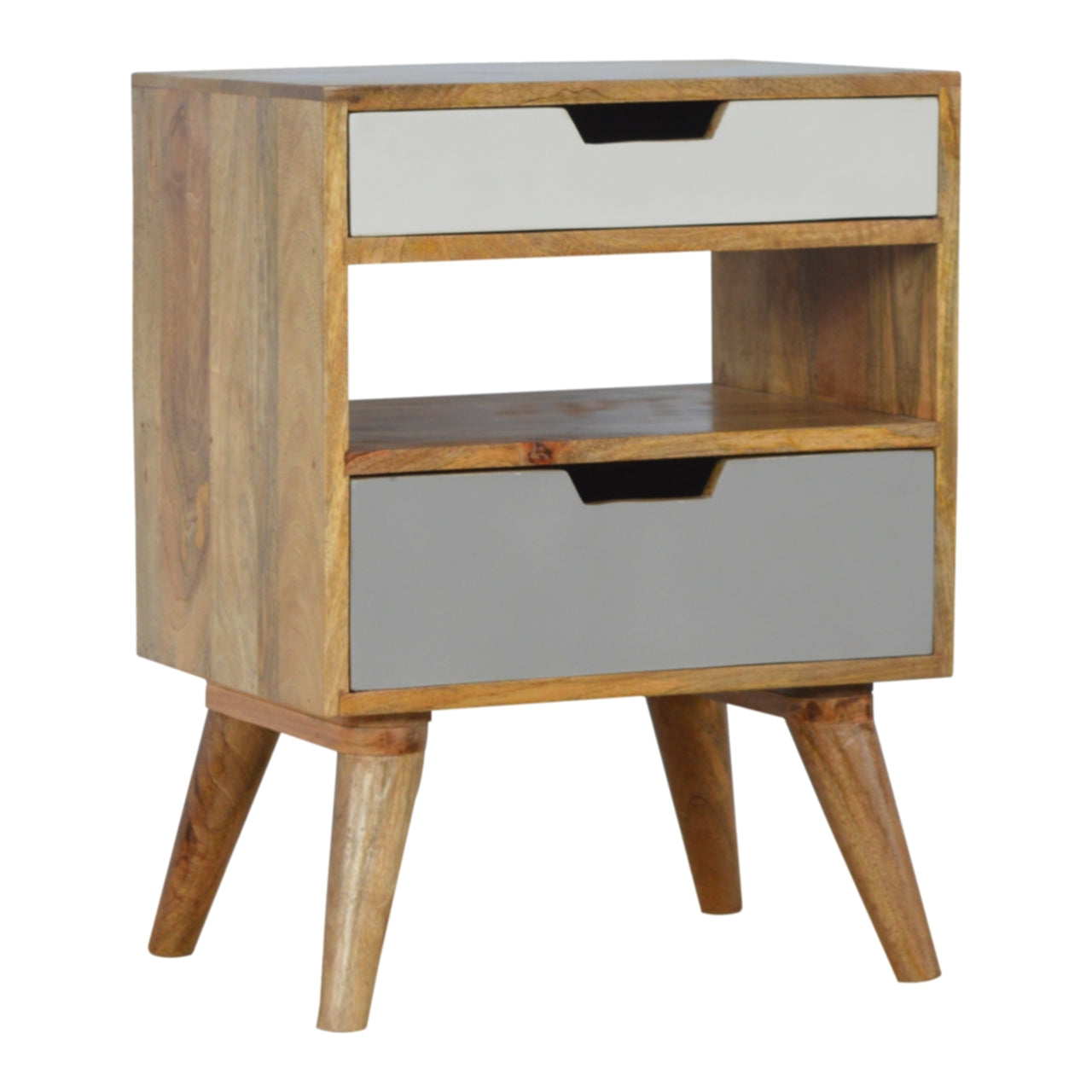 Grey and White Cut-out Bedside Table | Oak-Ish Solid Mango Wood