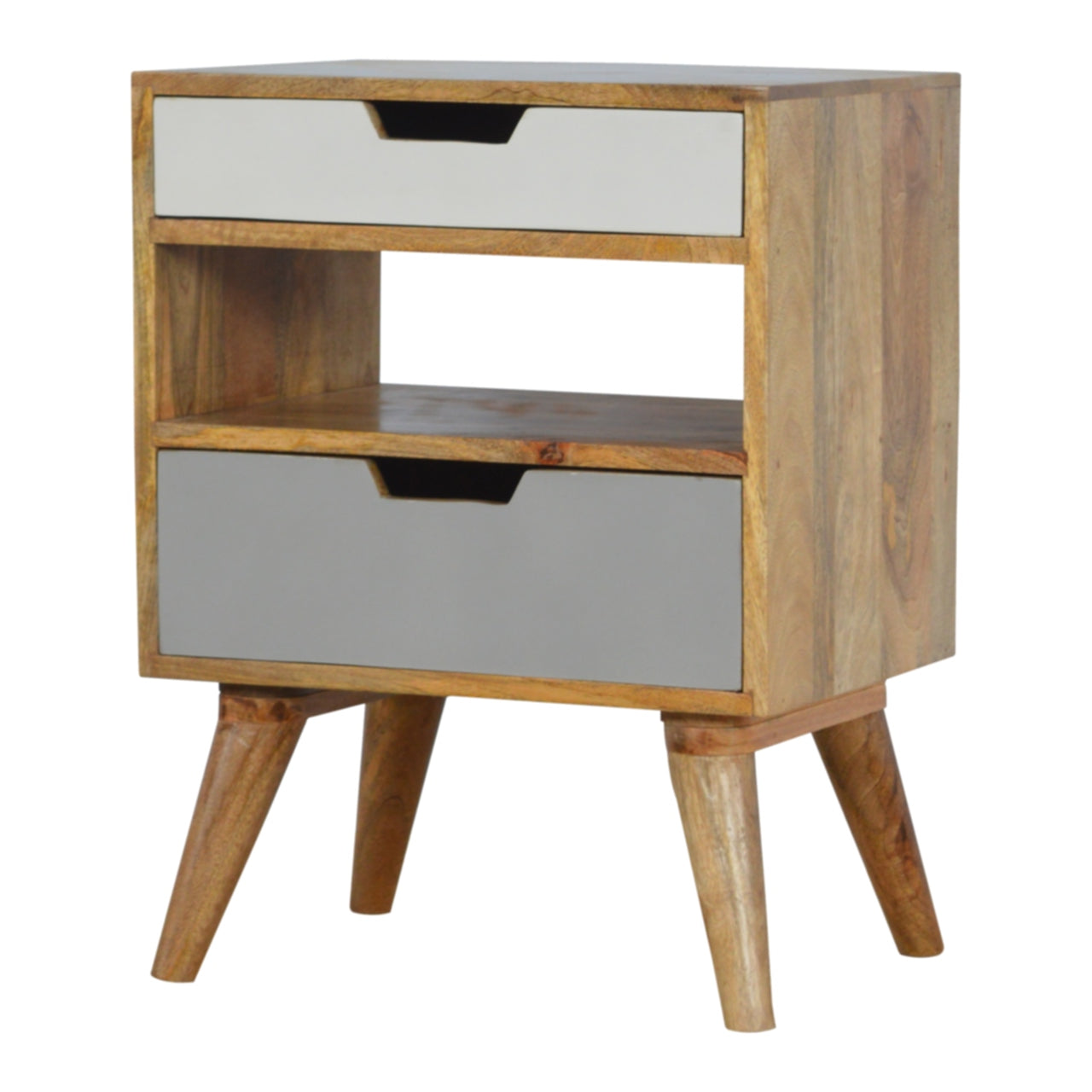 Grey and White Cut-out Bedside Table | Oak-Ish Solid Mango Wood