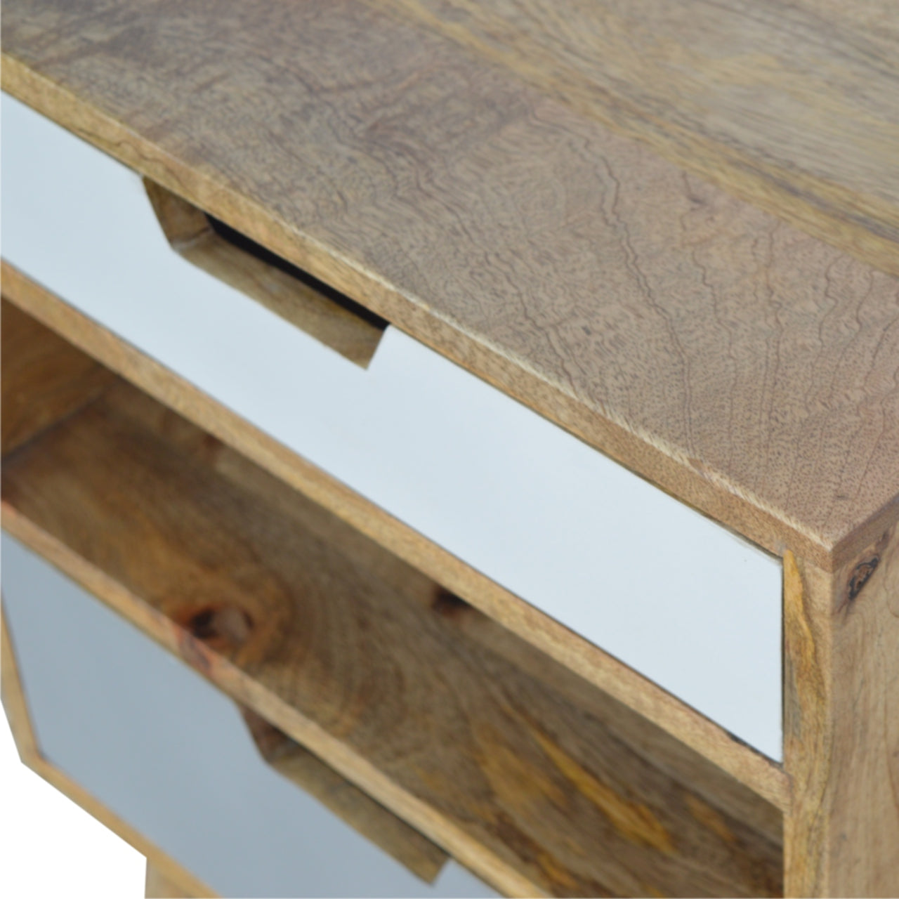 Grey and White Cut-out Bedside Table | Oak-Ish Solid Mango Wood
